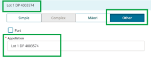 image of the Edit parcel appellation panel. The parcel appellation is in 'Other' format, and the appellation is entered as "Lot 1 DP 4003574".