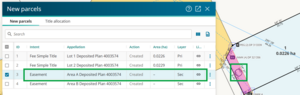 Image of thew New parcels panel, highlighting an Easement parcel. The parcel appellation looks normal in the panel. The spatial view is also visible, and an empty parcel appellation label is highlighted.