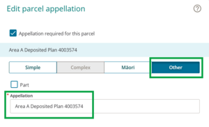 image of the Edit parcel appellation panel. The parcel appellation is in 'Other' format, and the appellation is entered as "Area A Deposited Plan 4003574".