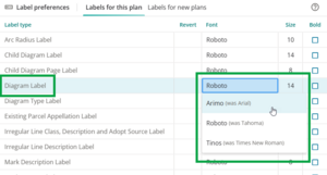 image highlighting the font dropdown box in label preferences. The cursor is postioned on Arimo font.