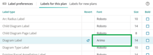 image highlighting the new font for Diagram label in the label preferences panel. The font is now set to Arimo.