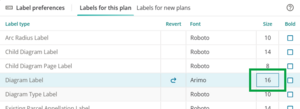 image highlighting the new font size for Diagram label in the label preferences panel. The size is now set to 16.