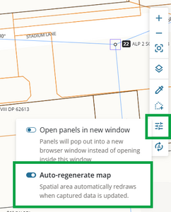 image of the Tools control toolbar, with map settings icon highlighted and its menu open. Auto-regenerate map is highlighted in the menu.