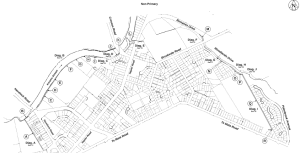 image of an easement survey diagram. The diagram covers a very large area of land, and includes hundreds of existing parcel boundary lines.