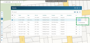  image of the open marks panel in spatial view. The survey is in "read-only' mode. The 3-dot menu is open and "locate feature" highlighted.