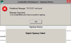 Screenshot of Landonline error message. 