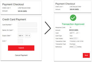 Screenshot of a payment checkout screen with a Card details input form, then a 'Transaction Approved' message. 