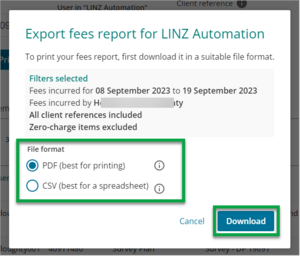 Screenshot of export - print report dialogue box