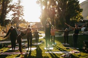 A group of people practicing yoga outside with sunlight around them.