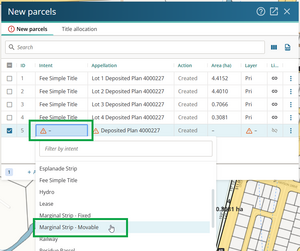image of the new parcels panel with the Intent field selected. The mouse cursor is positioned over 'Marginal Strip - Movable' in the list of parcel intents.