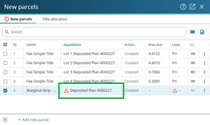 image of the new parcels panel, with the Appellation field for the movable marginal strip parcel highlighted.