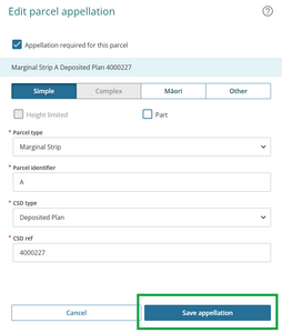 image of the parcel appellation panel with Save appellation highlighted.