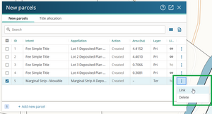 image of the New parcels panel, with the 3 dot menu open and highlighted. The mouse cursor is positioned over Link.