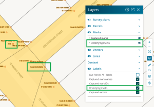 image of the survey spatial display. The layers panel is open, and underlying marks and underlying marks labels are both toggled on. Underlying mark "K68" and "node ID 25495232" are both highlighted in the spatial display.