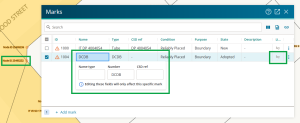 image of the marks panel. A DCDB mark has been adopted then unlinked, and the edit name fields are open.