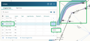 image of a selected irregular line segment highlighted in spatial view. The lines panel is open, and the slected line highlighted there too. The line's 3-dot menu is open and "Delete" highlighted.