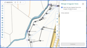 image of the spatial view, with the Merge irregular lines panel open at the right of the screen.