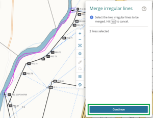 image highlighting the 'Continue' button in the merge irrgeular lines panel.