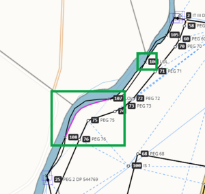 image of the spatial view after irregular lines have been merged. A segment of line is selected and highlighted. 1 of the new marks is also highlighted.