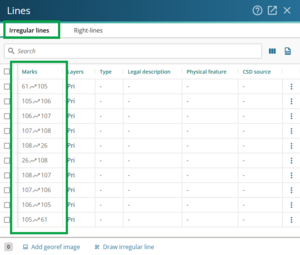 image of the irregular lines panel. The segments of line making up the merged lines are highlighted.