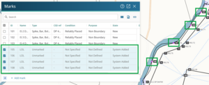 image of marks panel, with the marks added during the merge irregular lines process highlighted. They are also visible and highlighted in the spatial view.