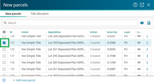 image of the new parcels panel, with Lot 299 ticked.