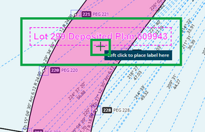 image highlighting the mouse cursor which is now a large plus symbol, and the parcel appellation in pink, outlined with a dashed line.