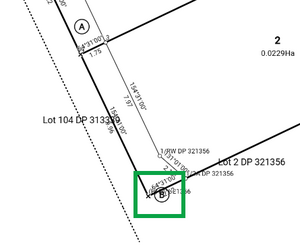 image highlighting the parcel appellation label for area B in a layout sheet in Plan Generation. The label is now positioned over the parcel boundary, into the neighbouring parcel.