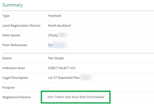 image of the summary section of a title summary page. The registered owners' names are listed in 1 line with no commas separating them.