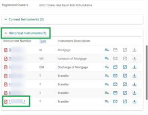 image of the expanded historical instruments section on a title summary page. The most recent transfer in te list is highlighted.