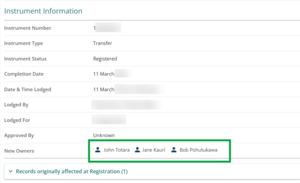 Image of the instrument summary page. The owners names are listed in 1 line, with person icons separating them.