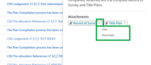 image highlighting the down arrow next to an attachment in the message summary panel. A drop-down menu with 'view' and 'download' is visible.