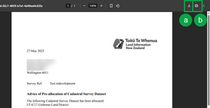 image of a message attachment viewed in a chrome browser window. The 'Download' icon is marked with an "a", and the 'print' icon is marked with a "b", both at the top right of the screen.