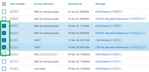 image of My messages, with 4 consecutive messages ticked, and the mouse cursor positioned over the tick box for the 4th ticked message. The ticked messages are highlighted blue on the screen. 