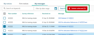 image highlighting the red 'delete selected (5)' button at the top right of My messages, next to 'search'.