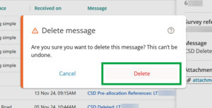 screenshot of the Delete message warning pop-up. It states: "Are you sure you want to delete this message? This can't be undone". There are options to Cancel or Delete. "Delete" is highlighted.