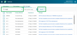 screenshot of My messages. The 'Search on keywords' field is highlighted, and "lodge" is entered in the field. The Search button is also highlighted.