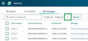 Image of filter by date range, with dates selected, and the "X" at the right of the field highlighted button highlighted.