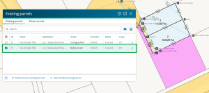 image showing captured parcels in te spatial view, and the existing parcels panel. An abutting parcel is highlighted in the panel and spatially, and its action is set to "referenced".