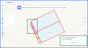 image of the "Select parcel" view. Area A has been selected and is pink in the spatial view, and its appellation is listed under "Shown easement parcels" at the bottom right of the screen.