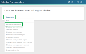 image of the schedule / memorandum panel, with "Create table" selected and the list of table types open. Memorandum of easements is highlighted in the list.