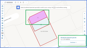 image of spatial view showing Lot 1 highlighted. Its appellation is also listed under "Burdened easement parcels" at the bottom right of the screen.