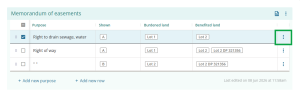 image highlighting the 3-dot menu at the right of a row in the memorandum of easements table.