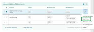image showing the open 3-dot menu for a row in the memorandum of easements table. "Insert row" is highlighted in the menu.