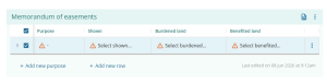 image of an unpopulated Memorandum of easements table.
