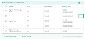 image highlighting the "More actions" menu at the right of a row in the memorandum of easements table.