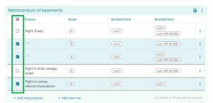 image highlighting the checkboxes at the left of the rows in a memorandum of easements table.