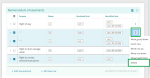 image highlighting the 3-dot menu at the right of a row. The menu is open, and "delete" is also highlighted.