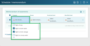 image highlighting the Purpose field in the table. The purpose drop-down is open and "Right to drain water" and Right to drain sewage" are ticked in the list.