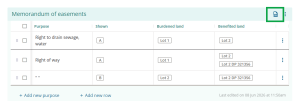image highlighting the "download CSV file" icon at the top right of a memorandum of easements table.